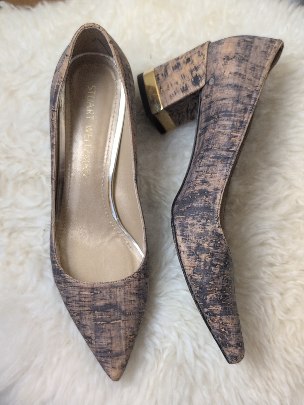Stuart Weitzman Cork-Textured Pointed Toe Block Heel Pumps in Brown and Black